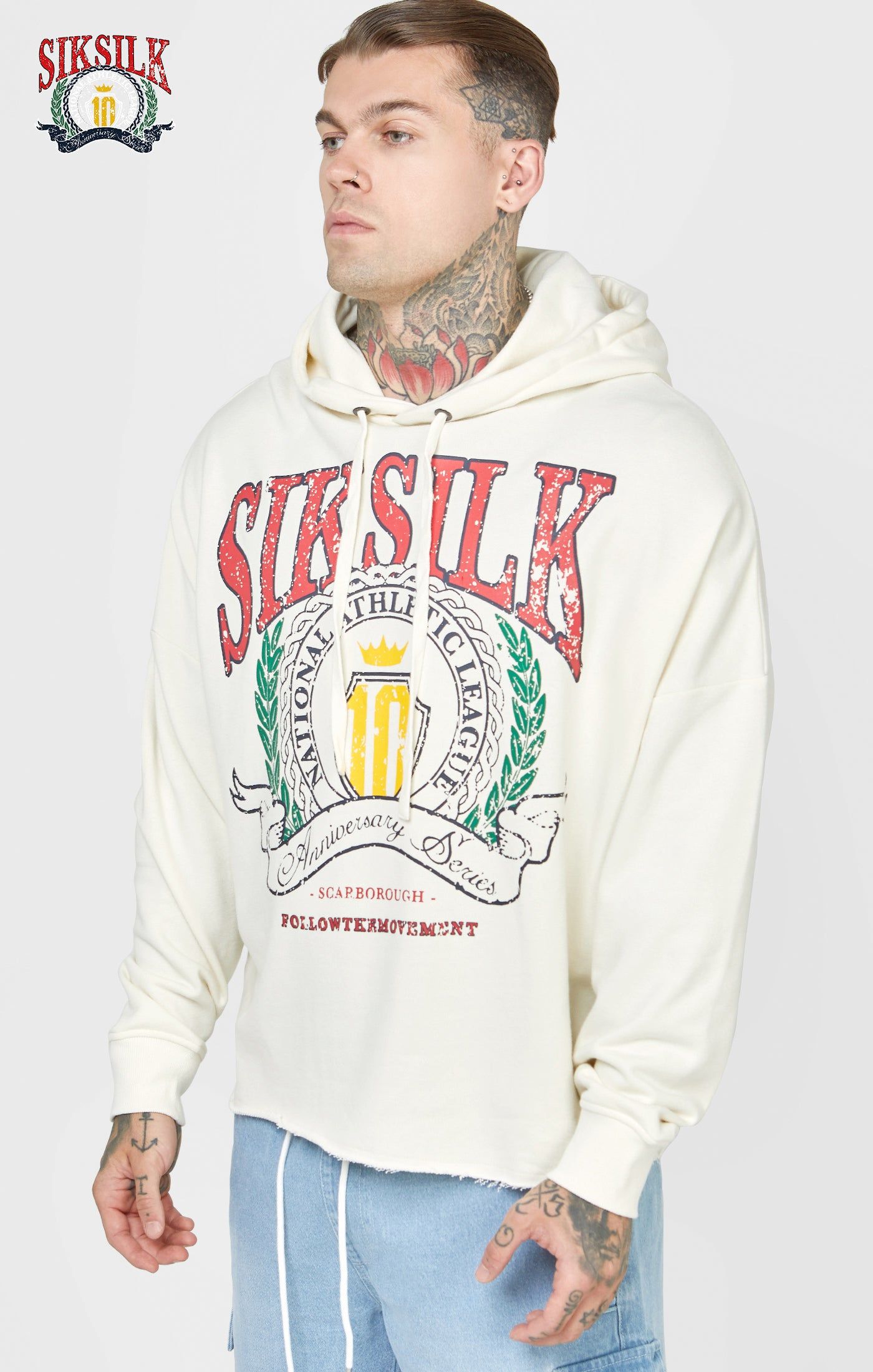 Ecru Varsity Anniversary Print Oversized Hoodie sold by Siksilk