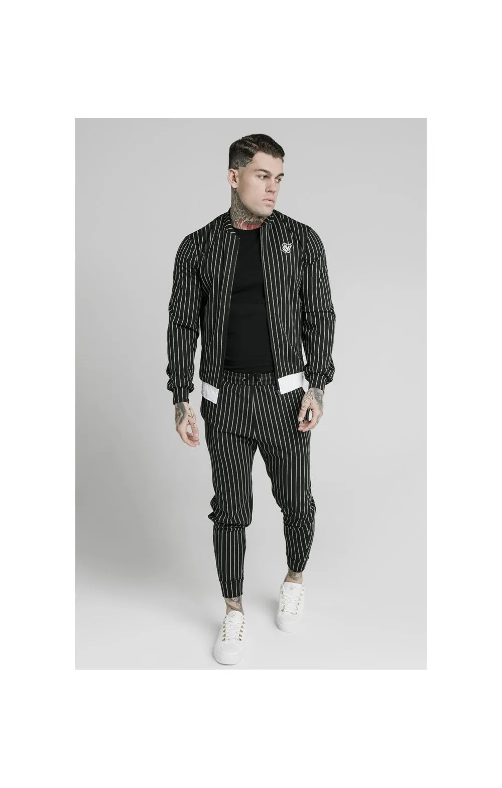 SikSilk Pinstripe Bomber Jacket - Black & White sold by Siksilk