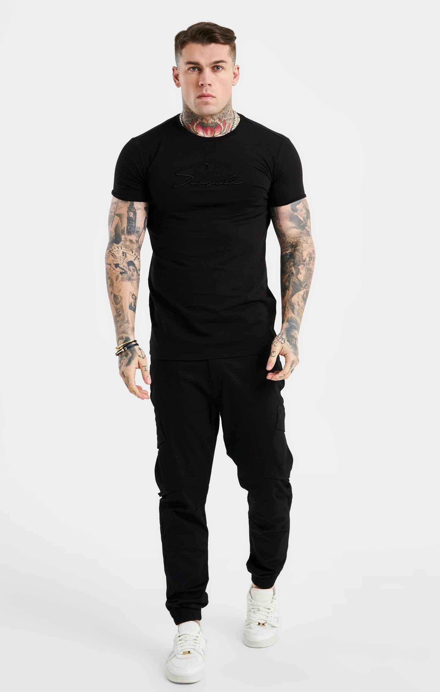 Black Script Embroidery Muscle Fit T-Shirt sold by Siksilk product image thumbnail 3