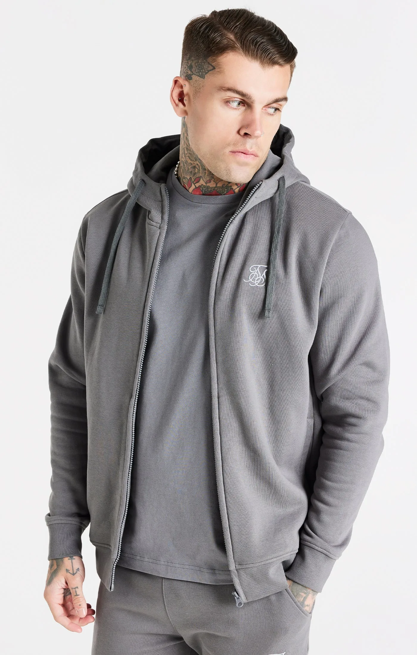 Grey Essential Zip Through Funnel Neck Hoodie sold by Siksilk
