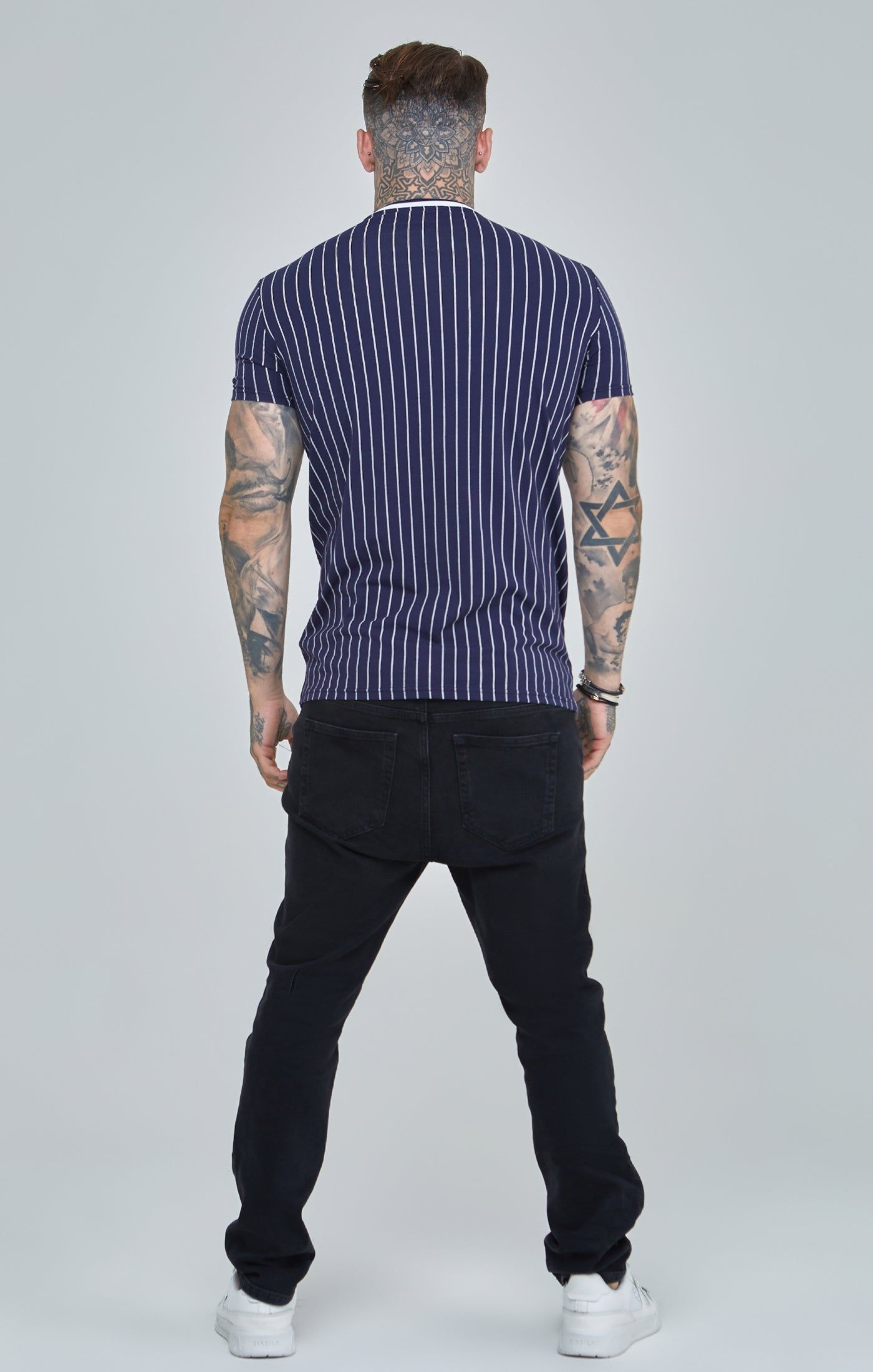 Navy Pinstiripe Muscle Fit T-Shirt sold by Siksilk product image thumbnail 5