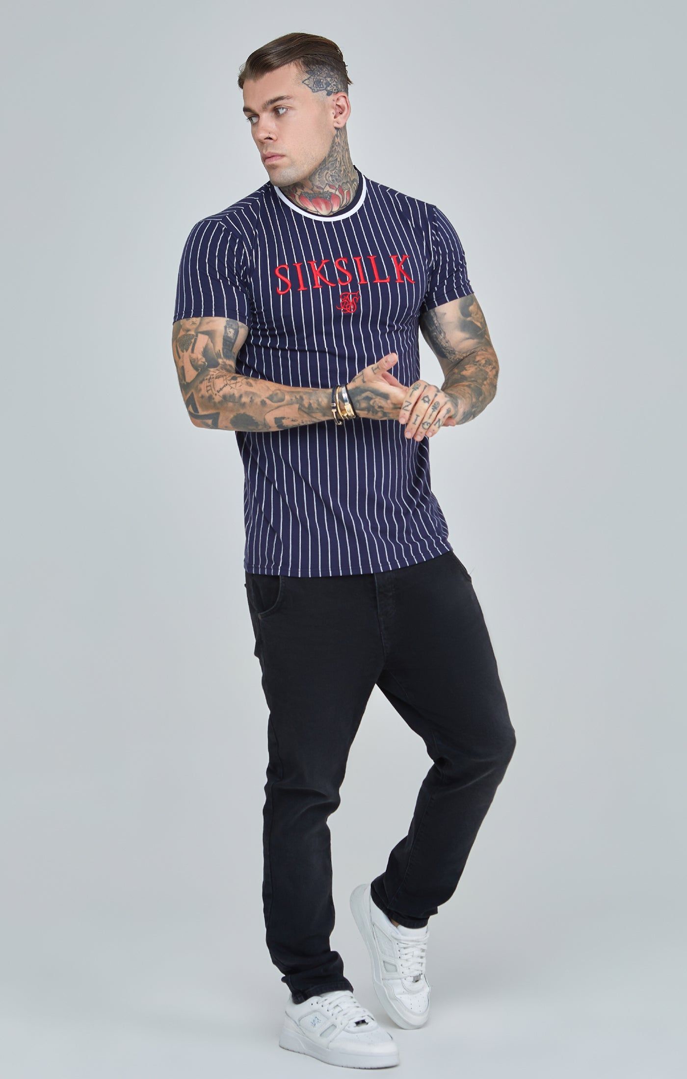 Navy Pinstiripe Muscle Fit T-Shirt sold by Siksilk product image thumbnail 2