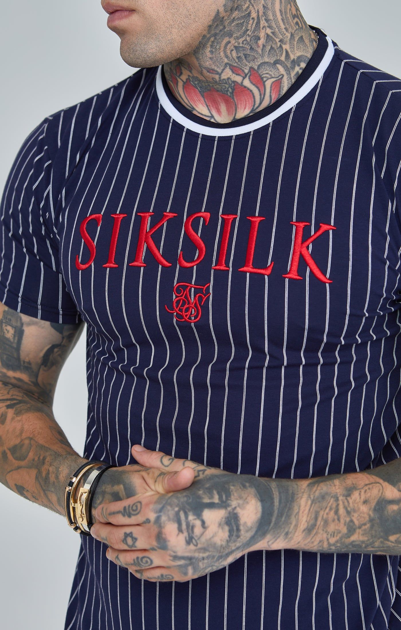 Navy Pinstiripe Muscle Fit T-Shirt sold by Siksilk product image thumbnail 3