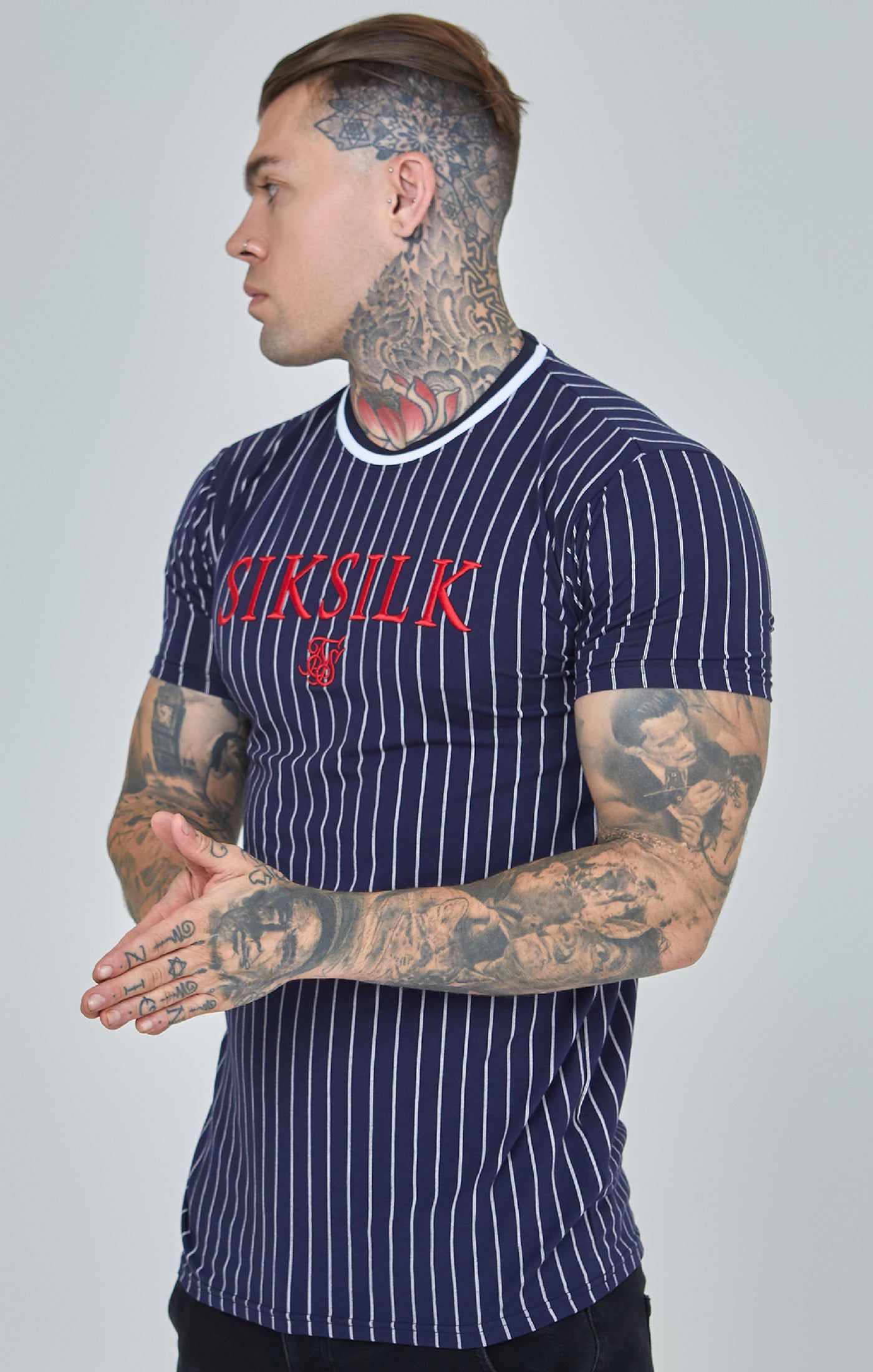 Navy Pinstiripe Muscle Fit T-Shirt sold by Siksilk