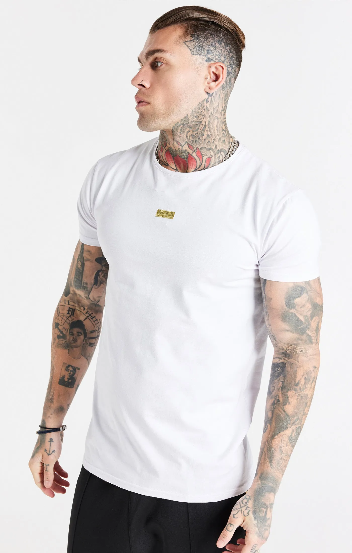 White Gold Badge Muscle Fit T-Shirt sold by Siksilk
