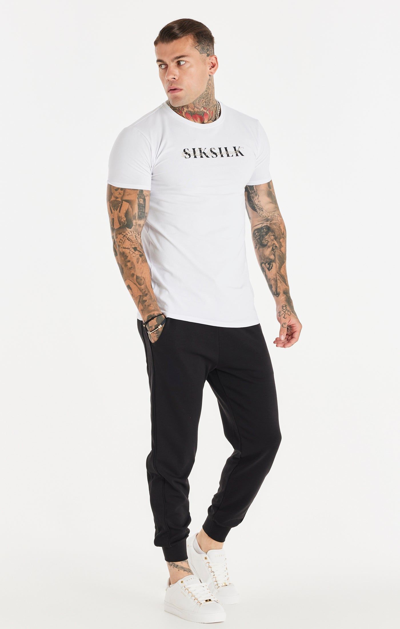 White Dual Script Logo Muscle Fit T-Shirt sold by Siksilk product image thumbnail 3