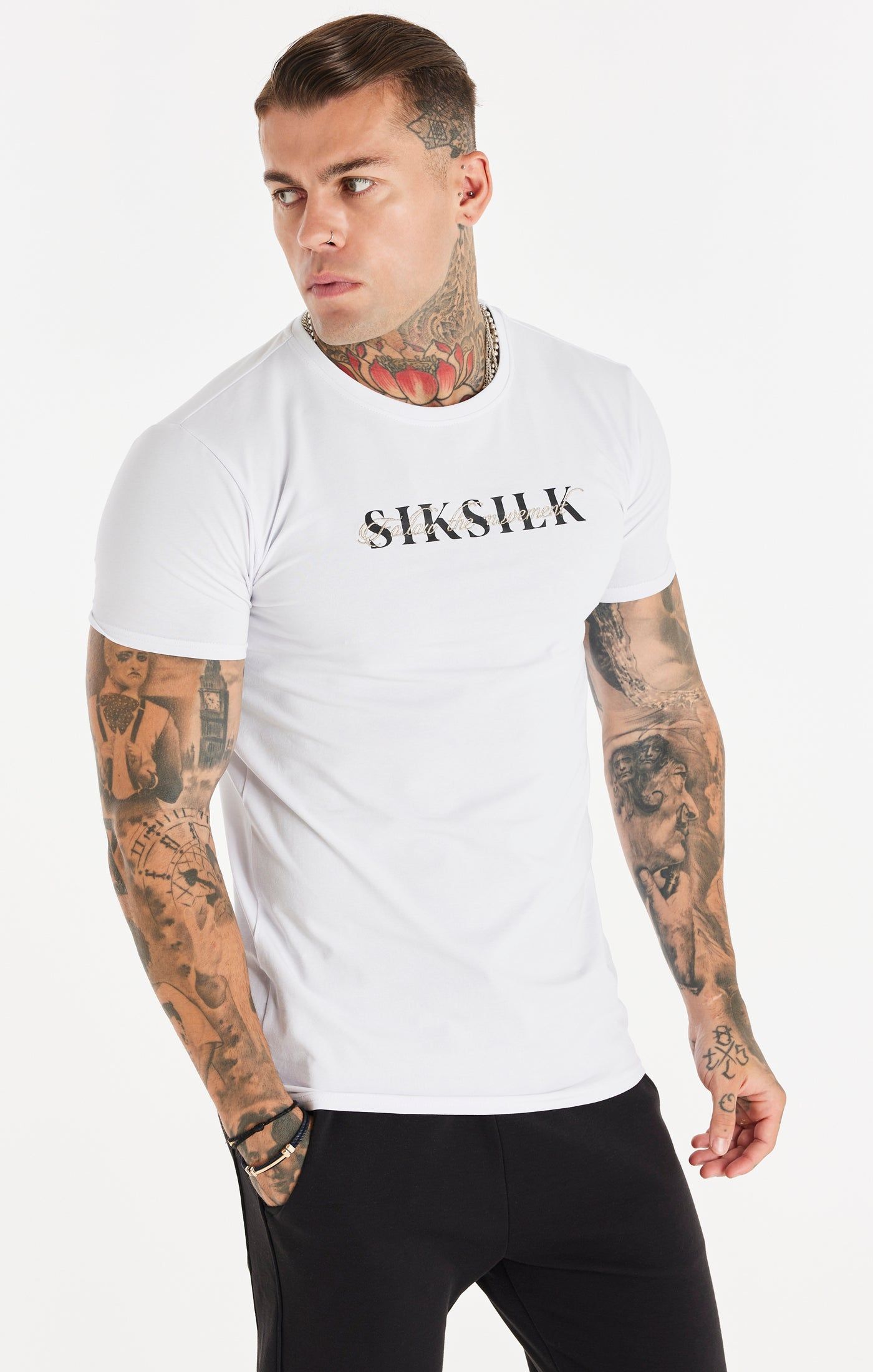 White Dual Script Logo Muscle Fit T-Shirt sold by Siksilk