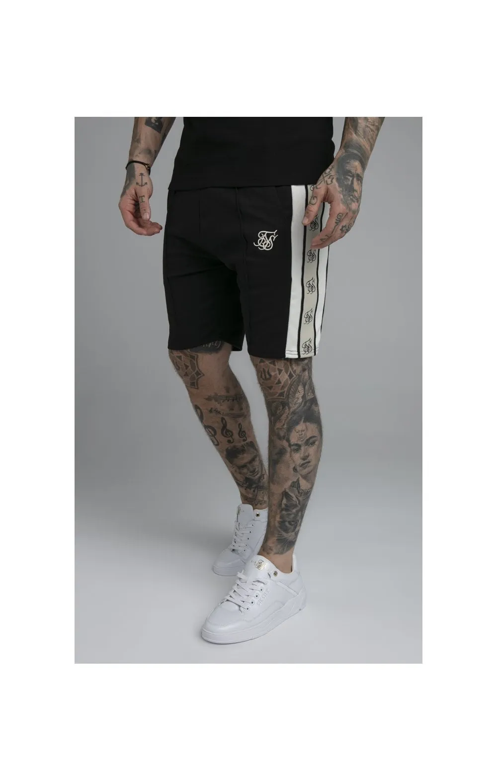 SikSilk Premium Tape Pleated Shorts - Jet Black & Off White sold by Siksilk