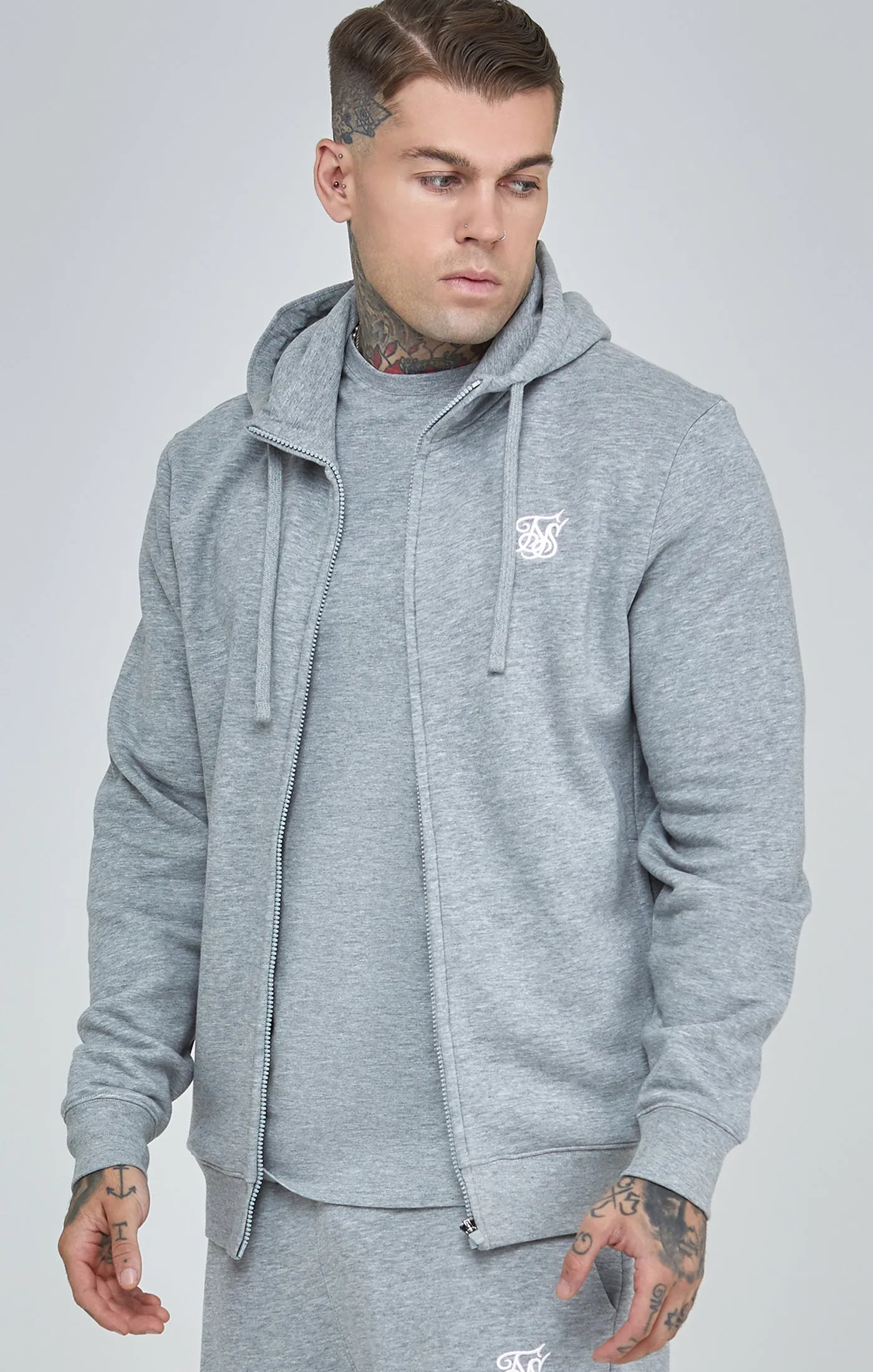 Grey Marl Essential Zip-Thru Funnel Hoodie sold by Siksilk