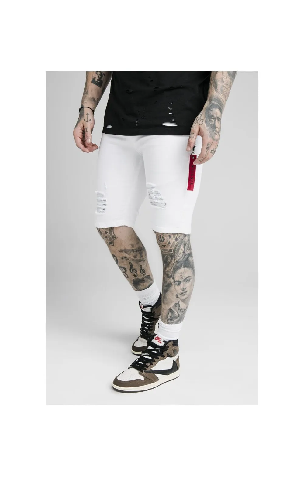 SikSilk Distressed Denim Flight Shorts - White sold by Siksilk