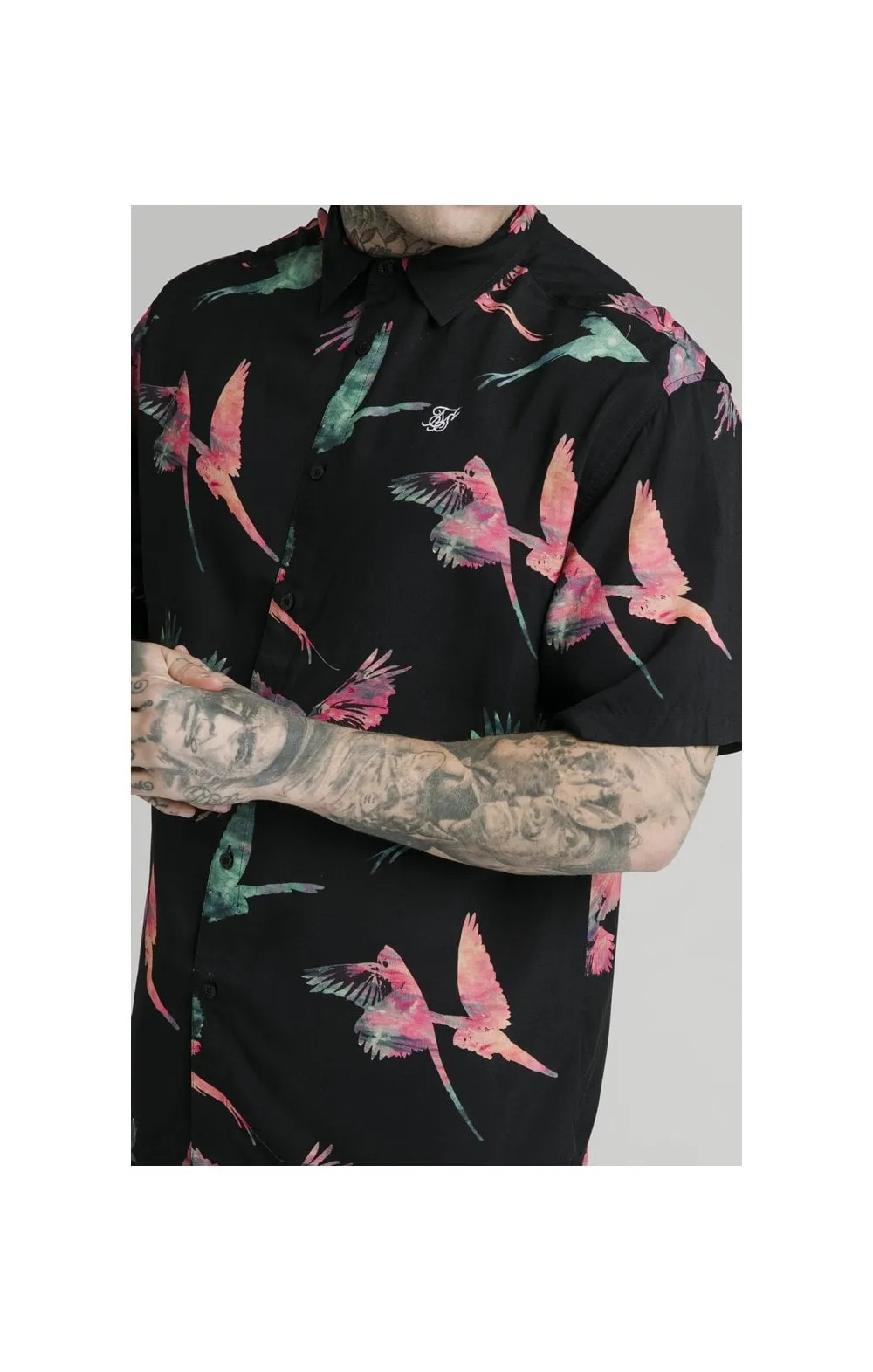 SikSilk High Collar Resort Shirt - Black,Teal & Pink sold by Siksilk product image thumbnail 2