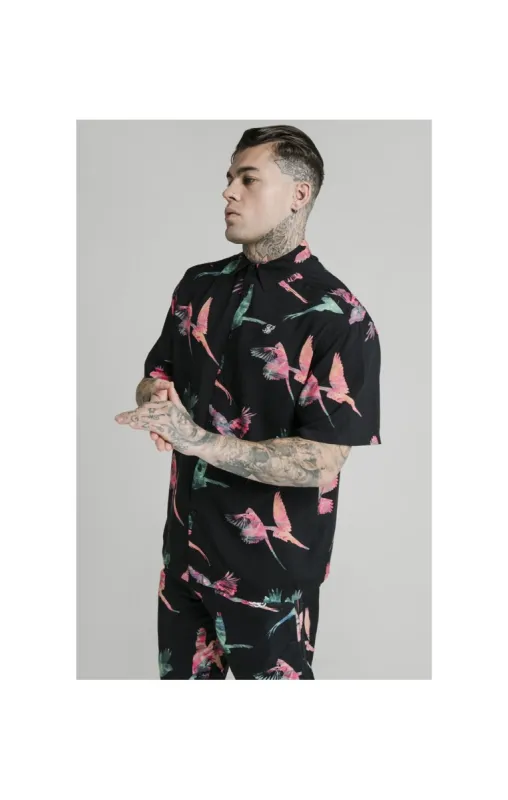 SikSilk High Collar Resort Shirt - Black,Teal & Pink sold by Siksilk