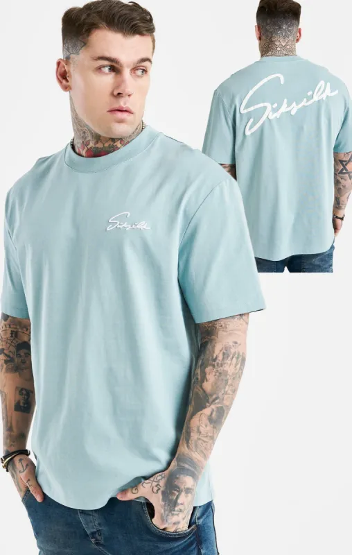 Blue Script Embroidery Oversized T-Shirt sold by Siksilk