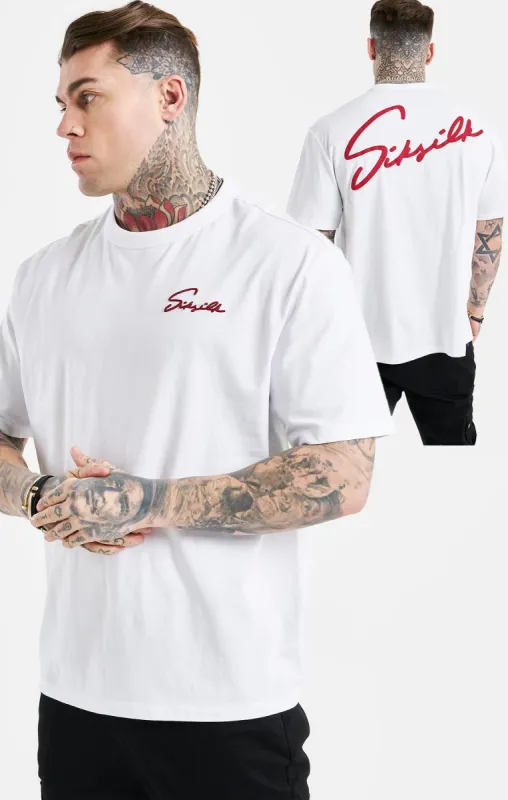 White Script Embroidery Oversized T-Shirt sold by Siksilk