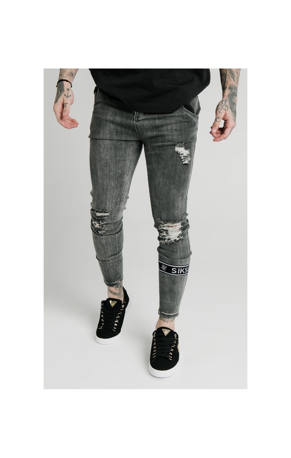 SikSilk Burst Knee Tape Jeans - Washed Black sold by Siksilk