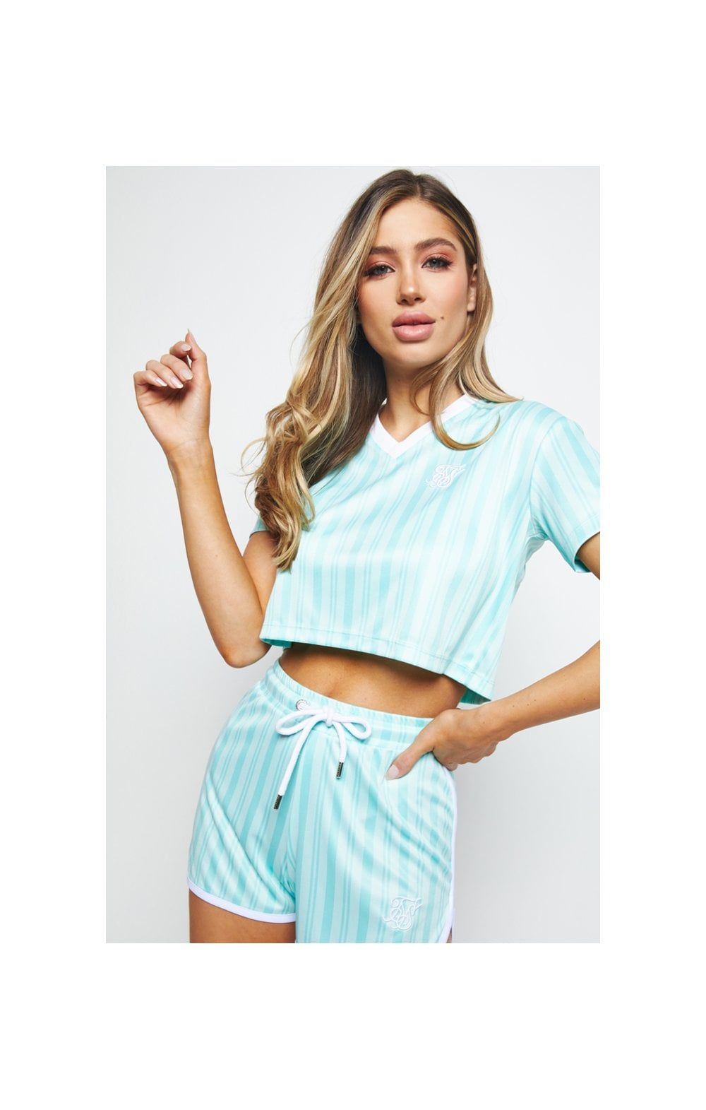 SikSilk Stripe Print Crop Tee - Aqua sold by Siksilk
