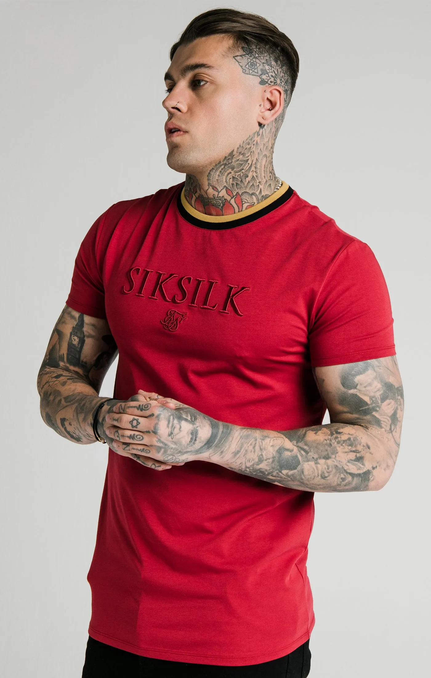 SikSilk Straight Hem Gym Tee – Red,Gold & Black sold by Siksilk