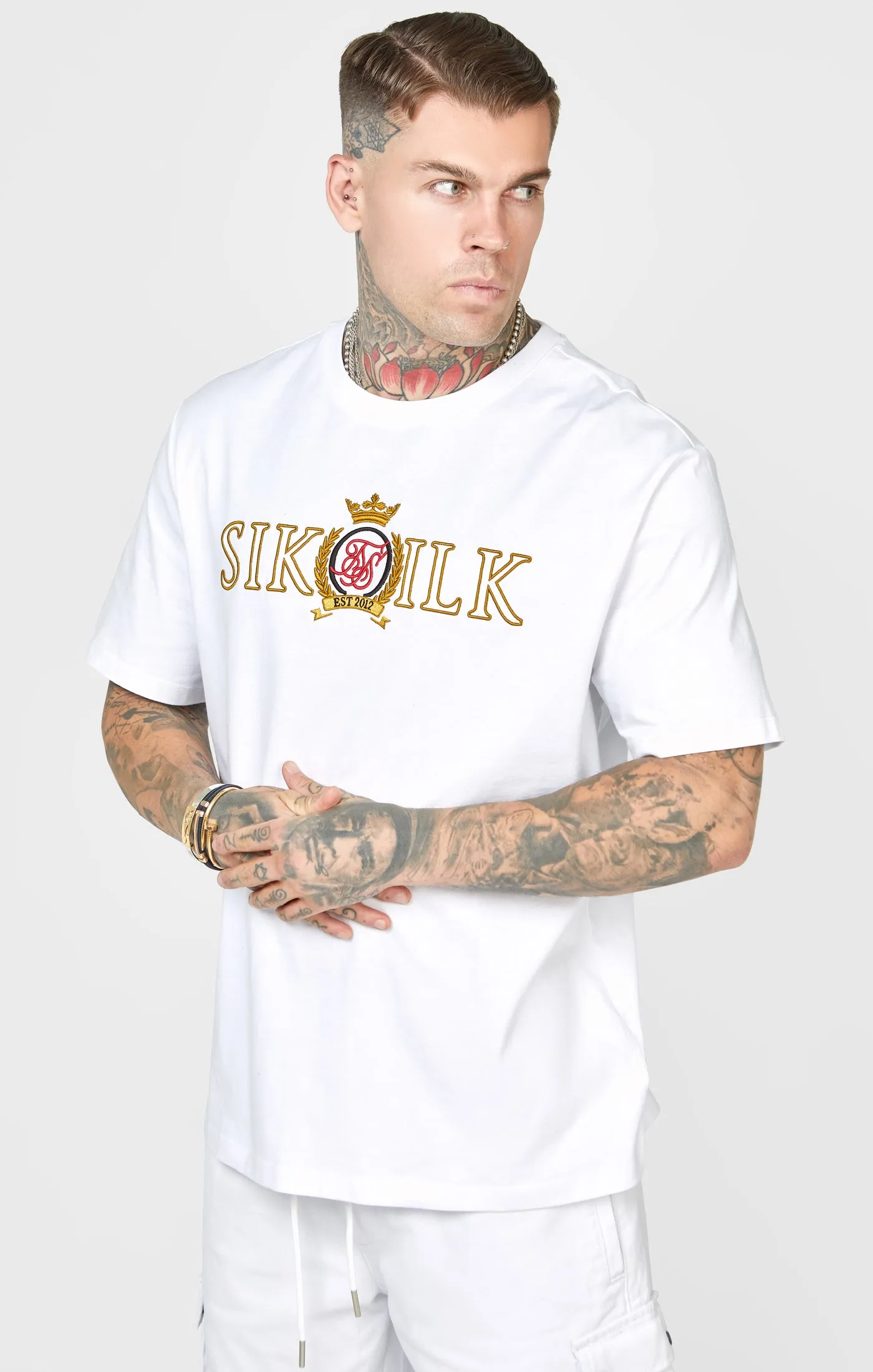 White Oversized Crest T-Shirt sold by Siksilk