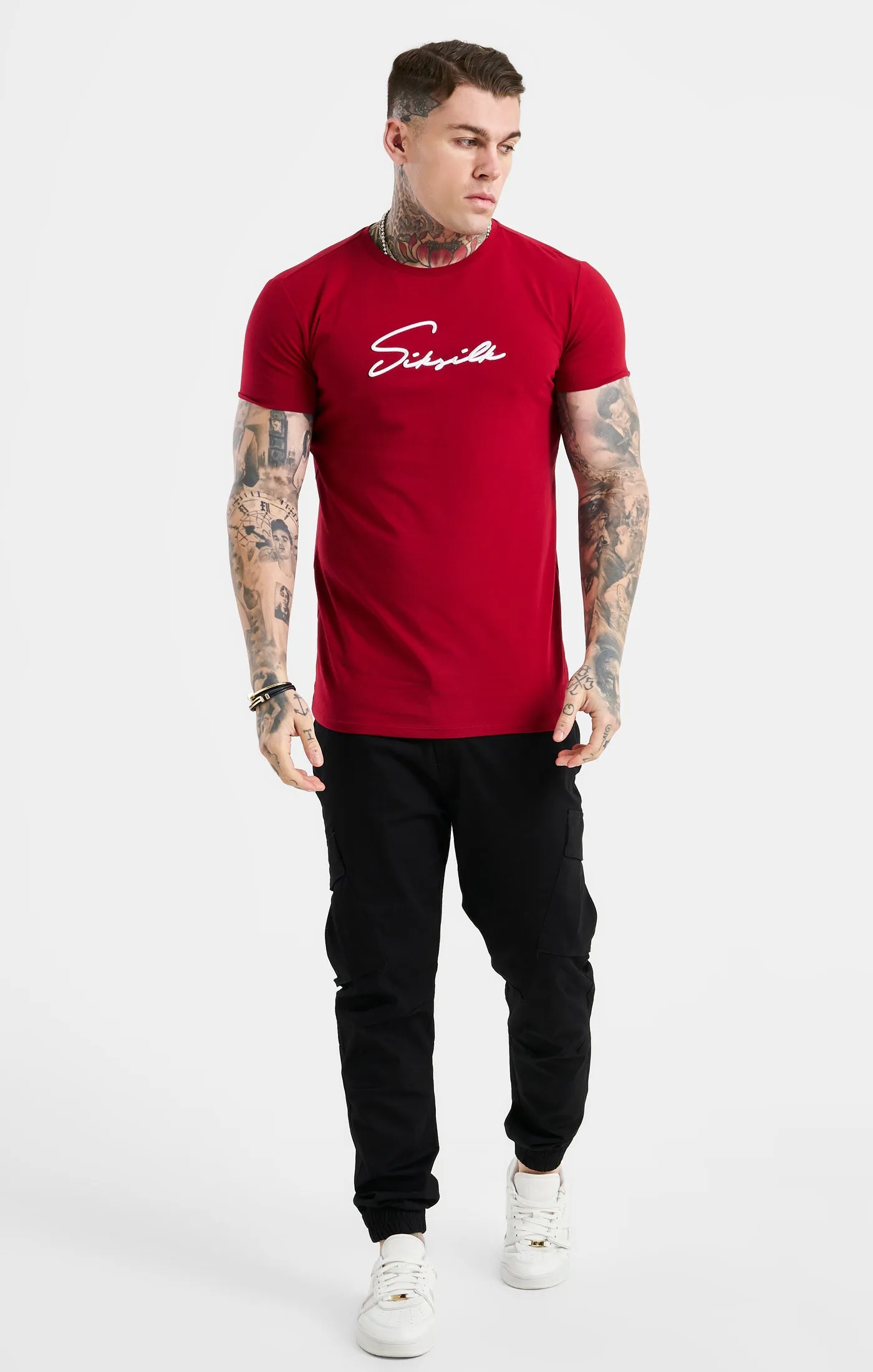 Red Script Embroidery Muscle Fit T-Shirt sold by Siksilk product image thumbnail 3
