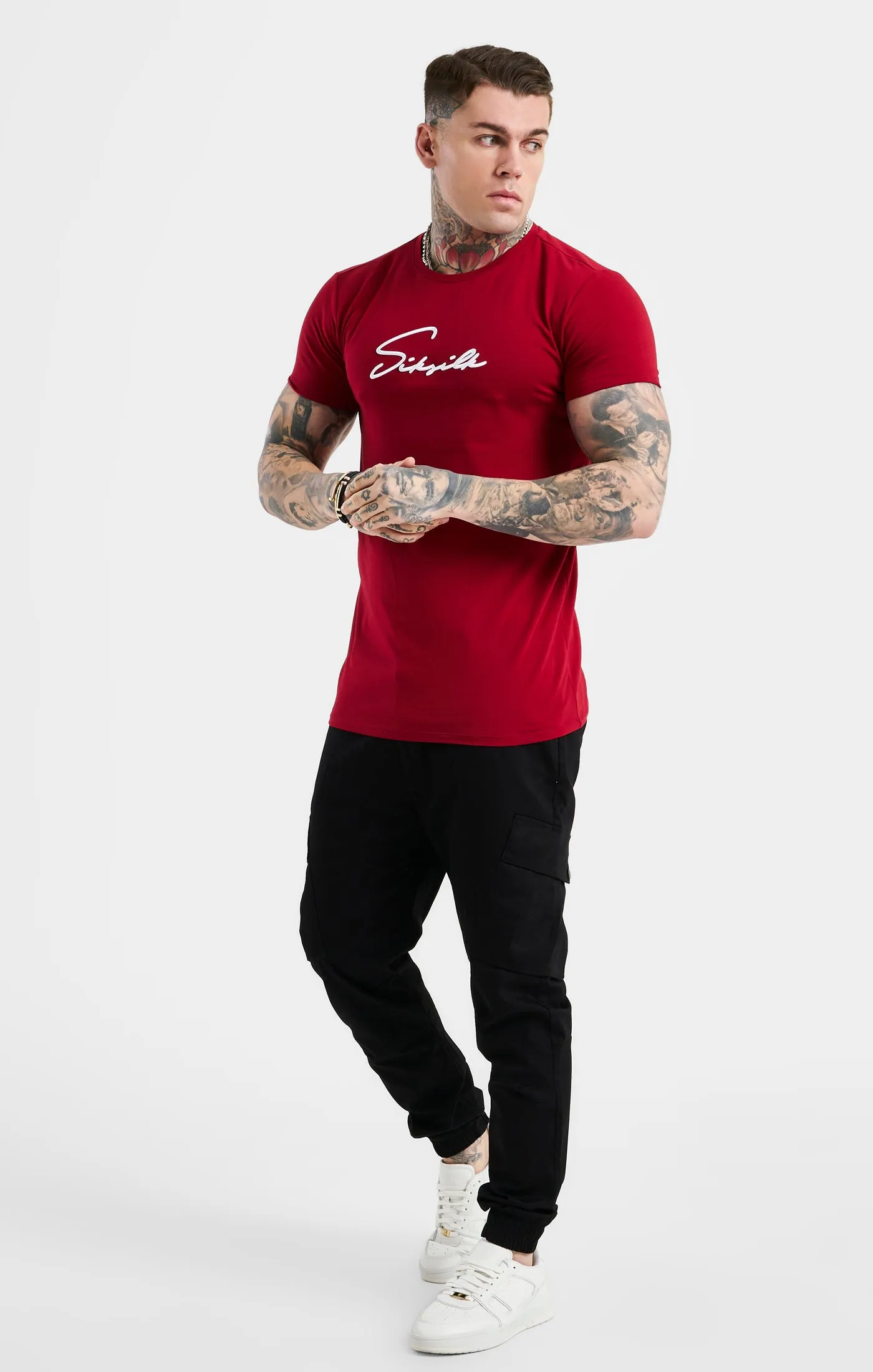 Red Script Embroidery Muscle Fit T-Shirt sold by Siksilk product image thumbnail 4