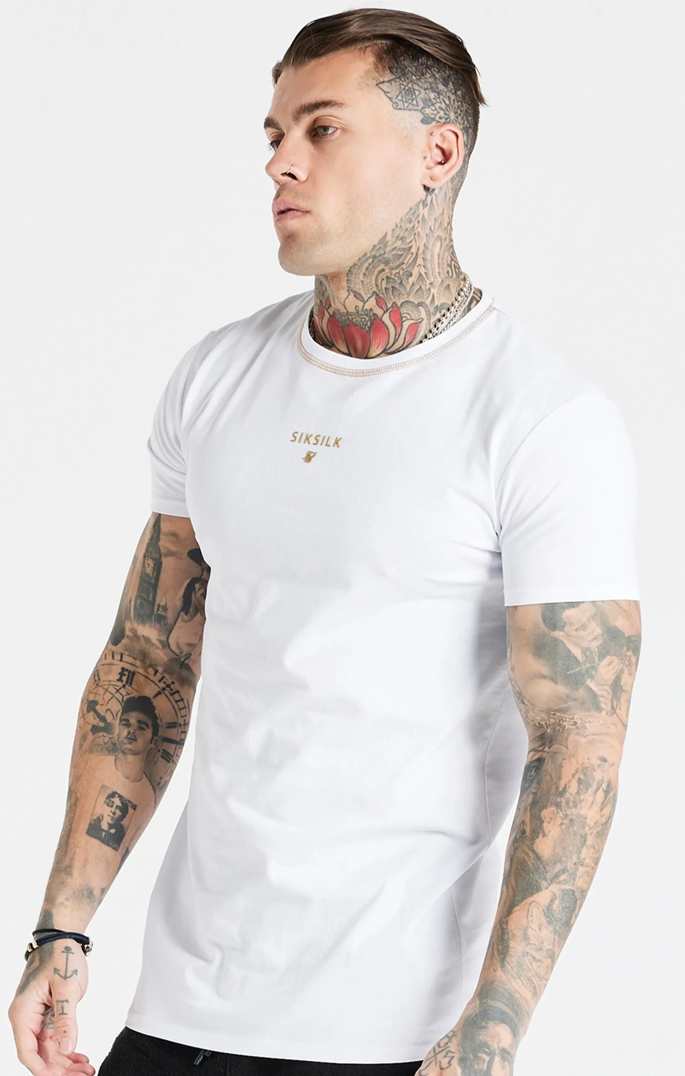 White Cover Stitch Muscle Fit T-Shirt sold by Siksilk product image thumbnail 2