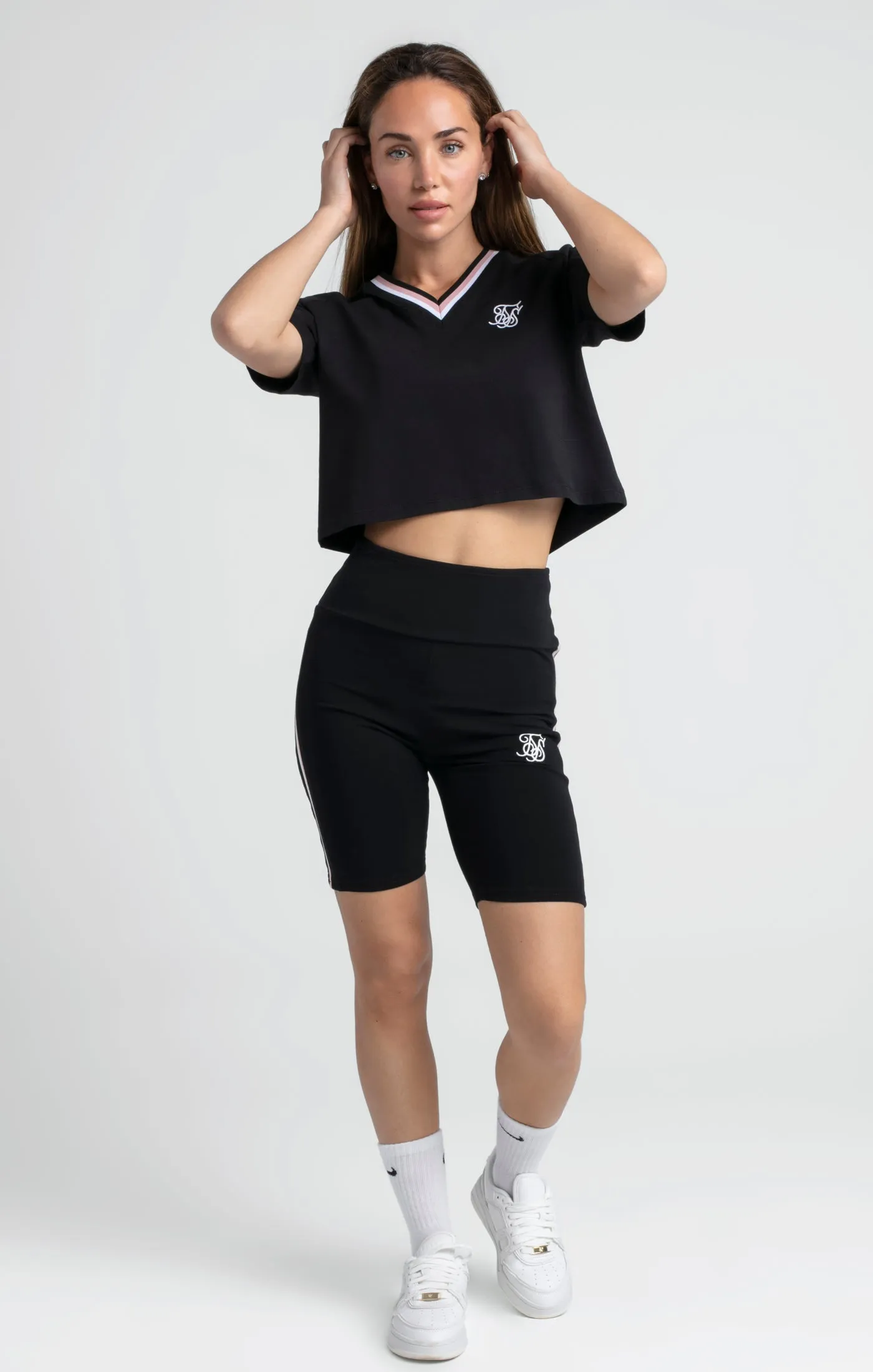 Black Varsity V-Neck Crop T-Shirt sold by Siksilk product image thumbnail 3