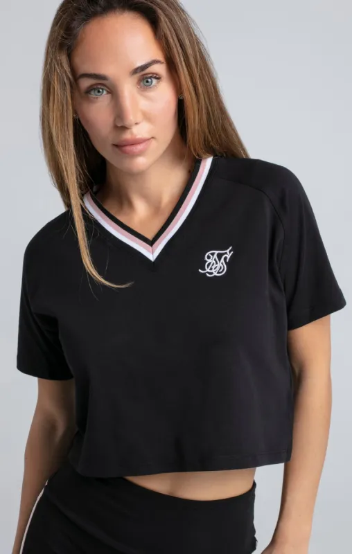 Black Varsity V-Neck Crop T-Shirt sold by Siksilk