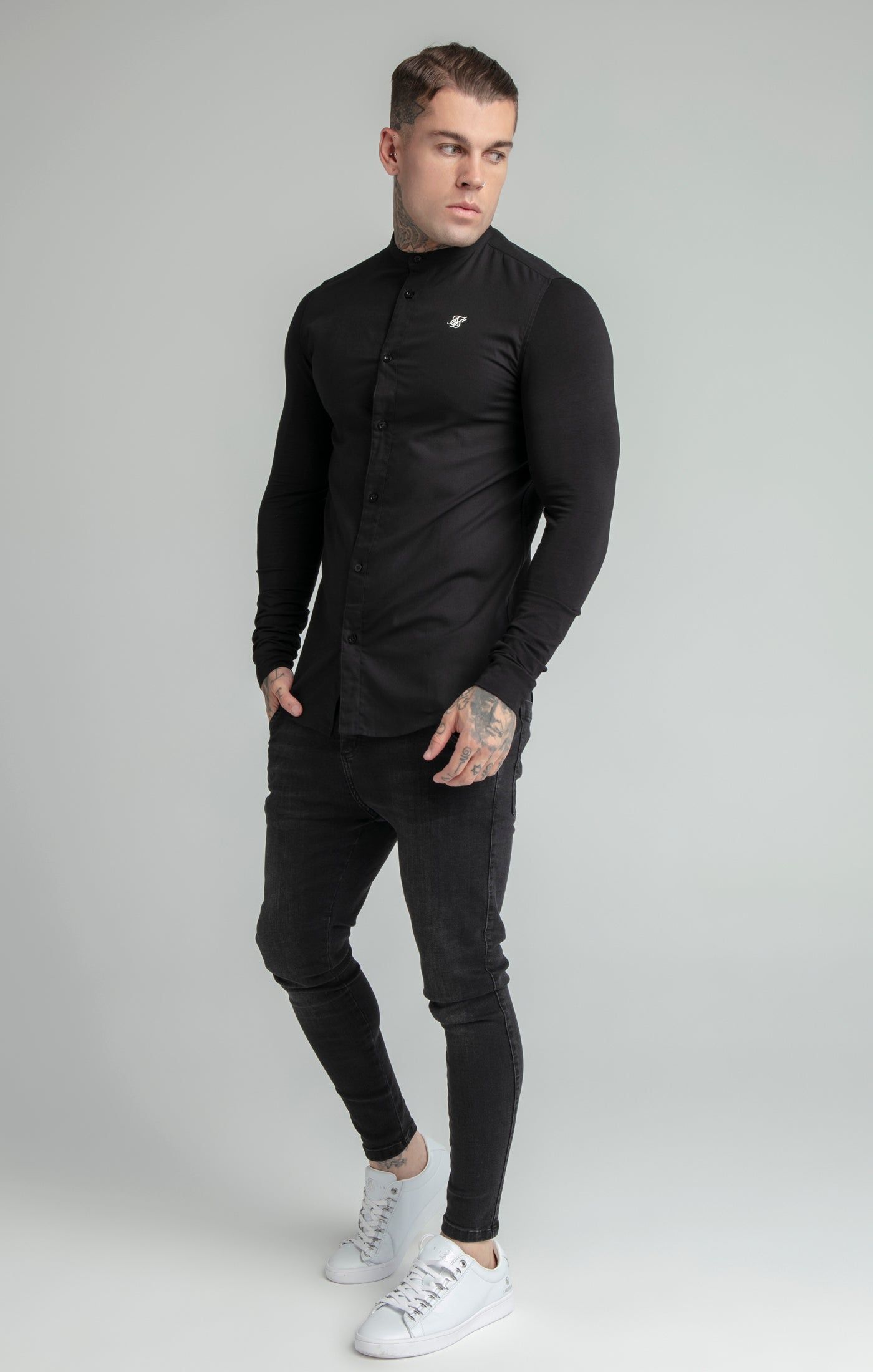 Black Long Sleeve Grandad Collar Shirt sold by Siksilk product image thumbnail 3