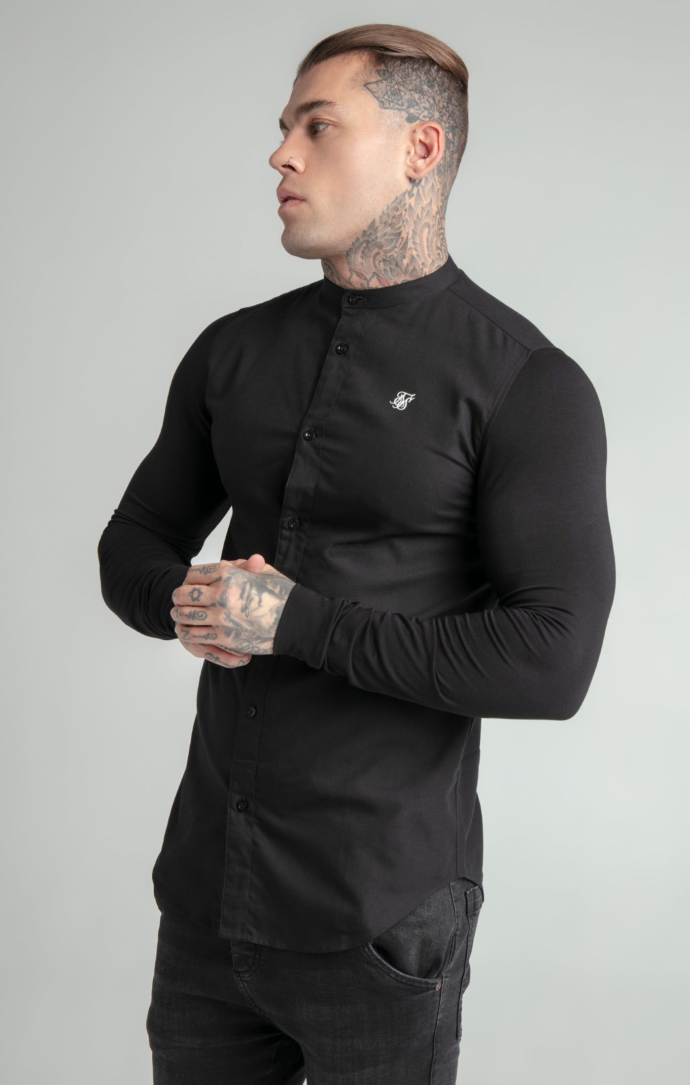 Black Long Sleeve Grandad Collar Shirt sold by Siksilk