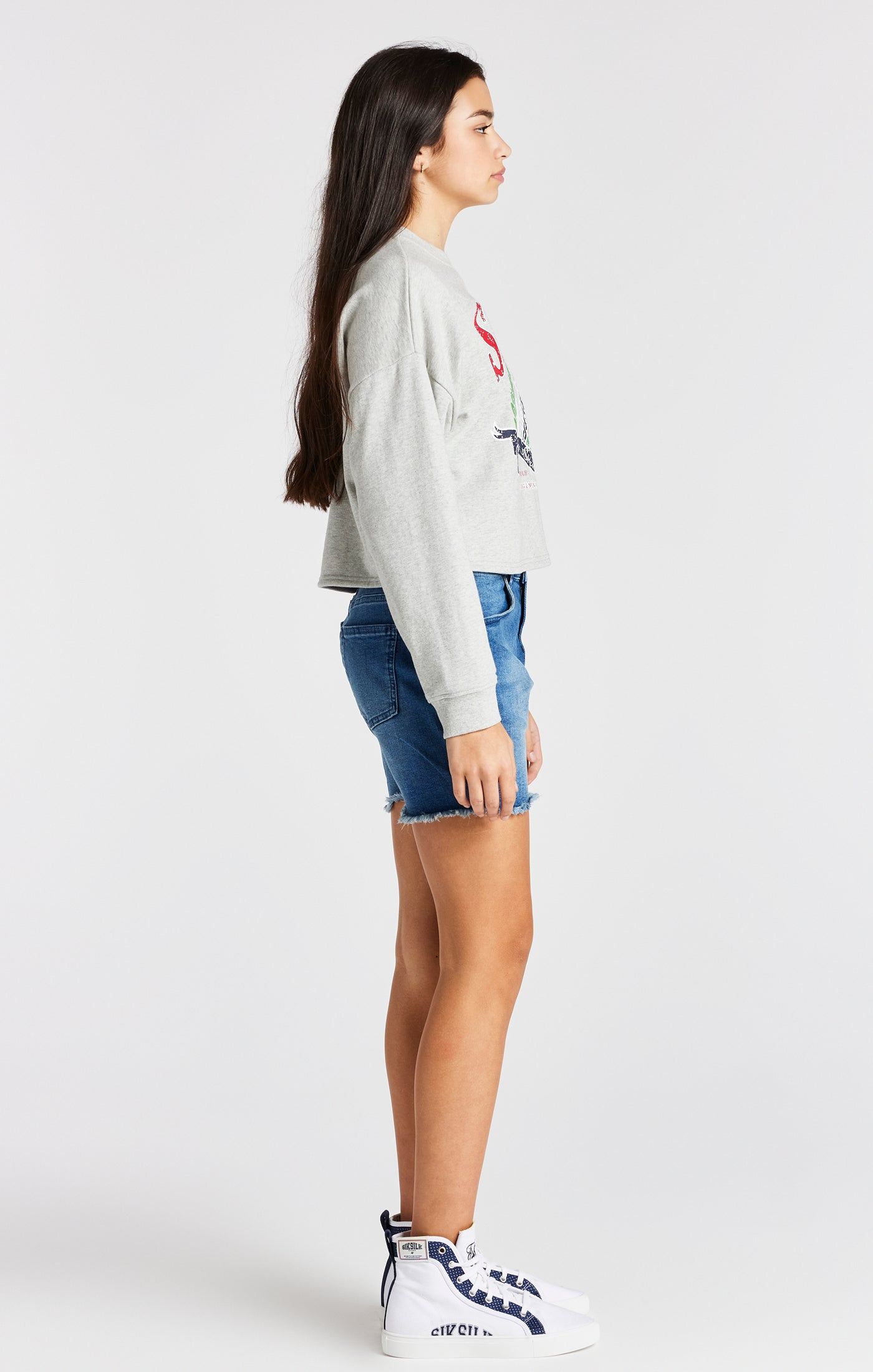 Girls Grey Marl Varsity Crop Crew Sweater sold by Siksilk product image thumbnail 4
