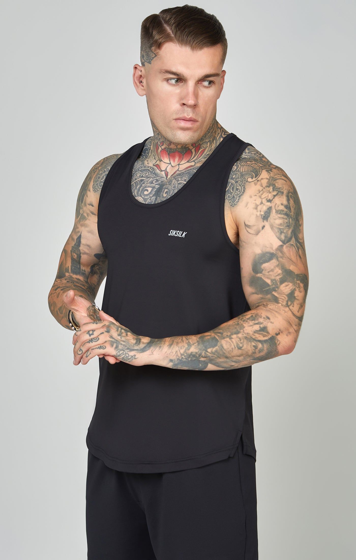 Black Sports Curved Hem Muscle Fit Vest sold by Siksilk product image thumbnail 4