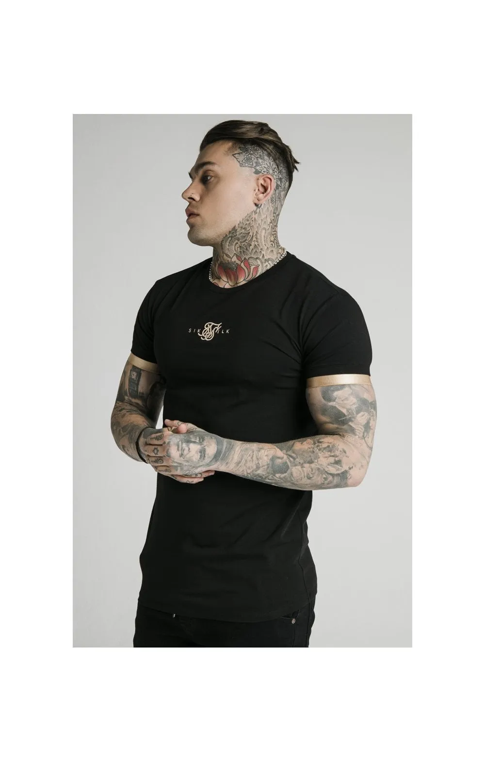 SikSilk S/S Inset Cuff Gym Tee – Black & Gold sold by Siksilk