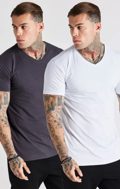 White And Grey Twin Pack V-Neck T-Shirt sold by Siksilk
