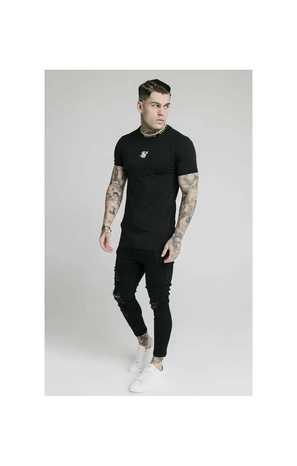 SikSilk Straight Hem Tape Collar Gym Tee - Black sold by Siksilk