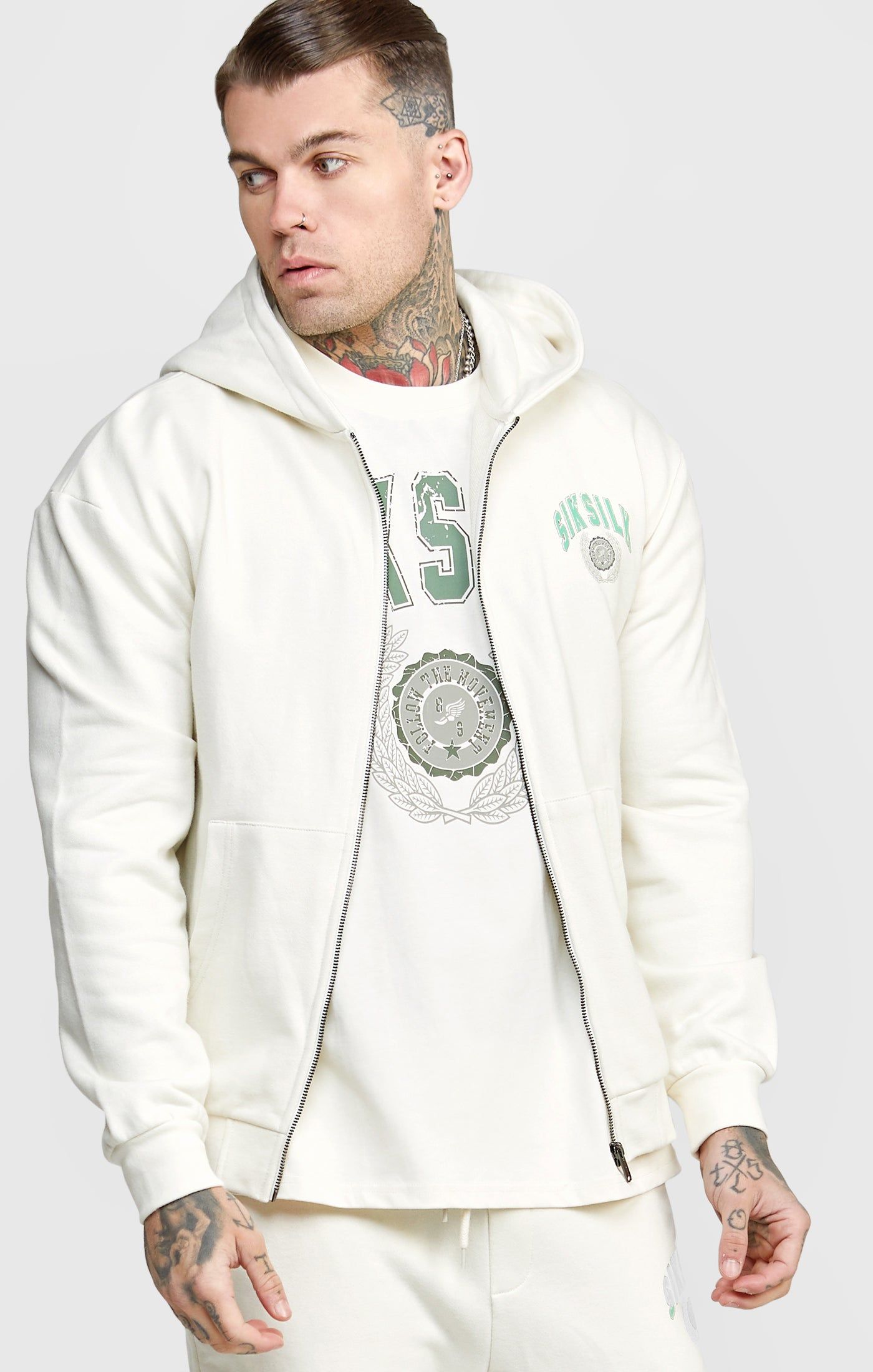 Ecru Zip Thru Varisty Hoodie sold by Siksilk