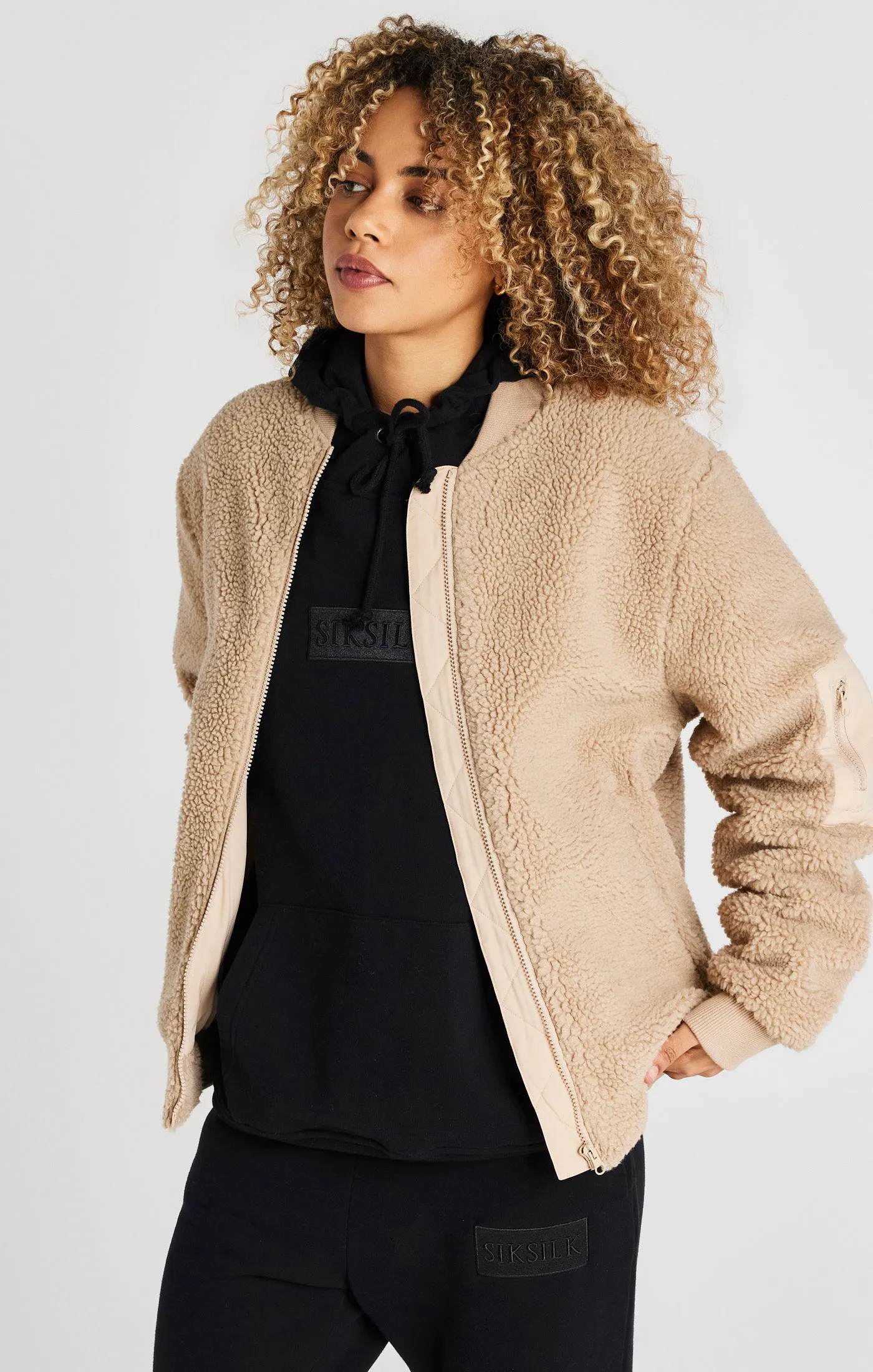 Beige Borg Bomber Jacket sold by Siksilk product image thumbnail 5