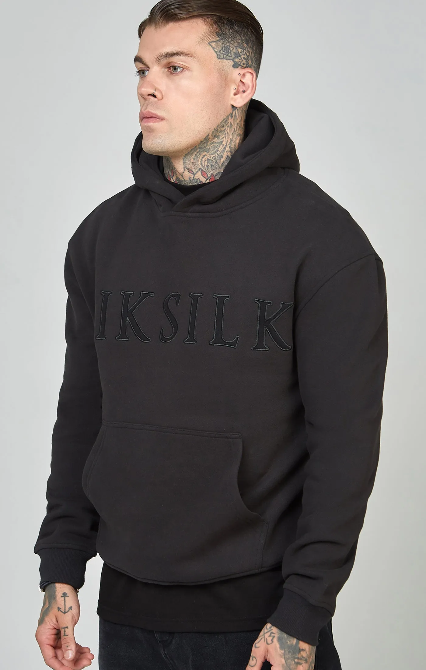 Black Applique Logo Relaxed Fit Overhead Hoodie sold by Siksilk