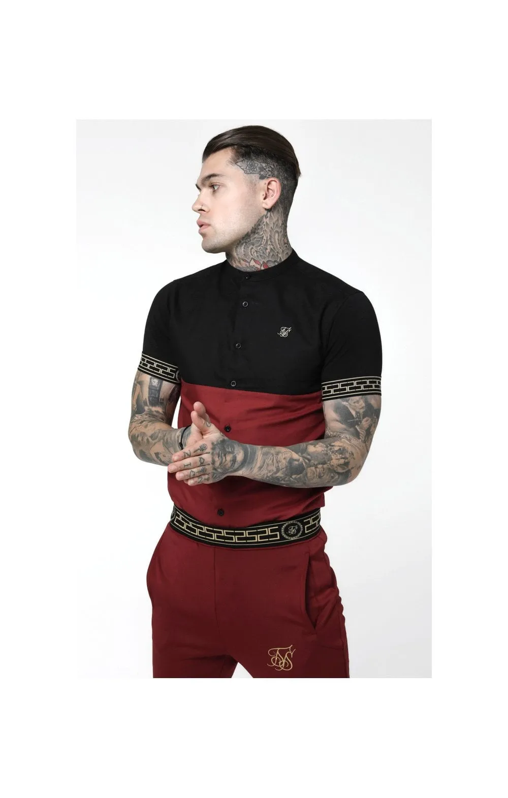 SikSilk S/S Cut & Sew Cartel Grandad Shirt - Black & Red sold by Siksilk