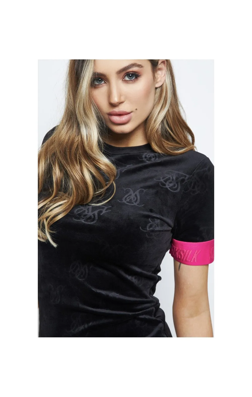 SikSilk Monogram Debossed Velour Dress - Black sold by Siksilk