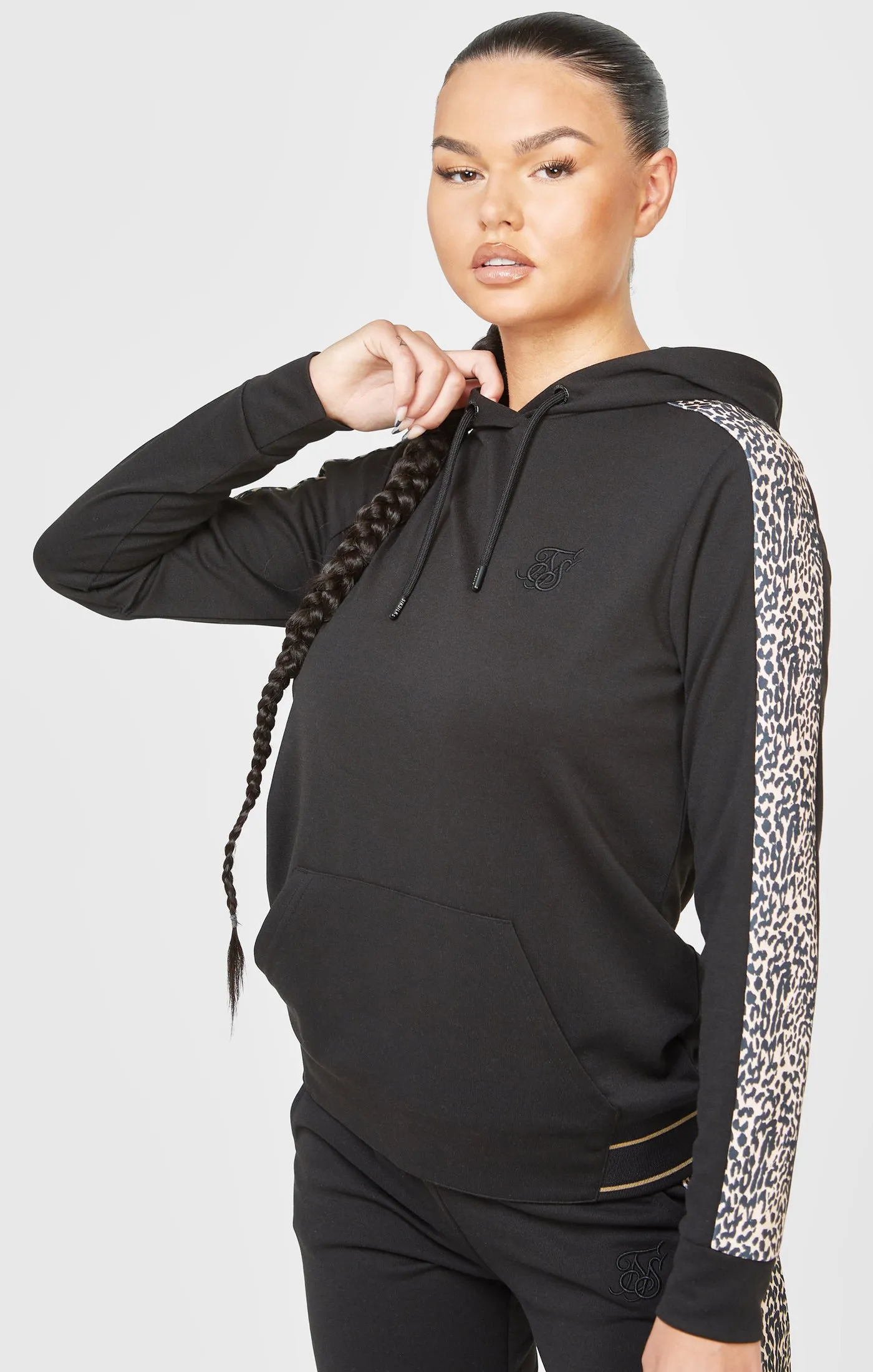 Black Leopard Print Panelled Hoodie sold by Siksilk