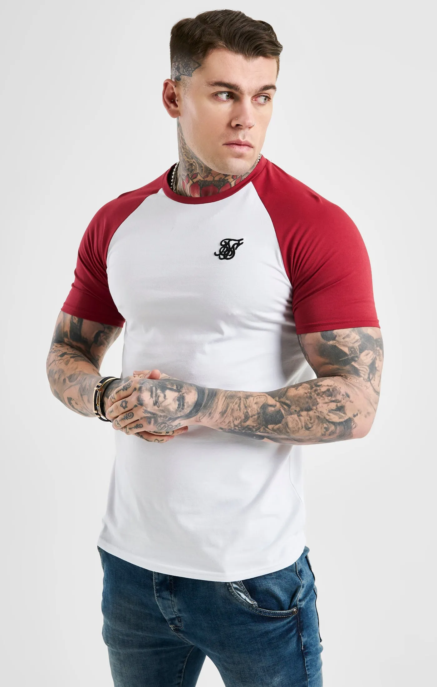 White Raglan Muscle Fit T-Shirt sold by Siksilk