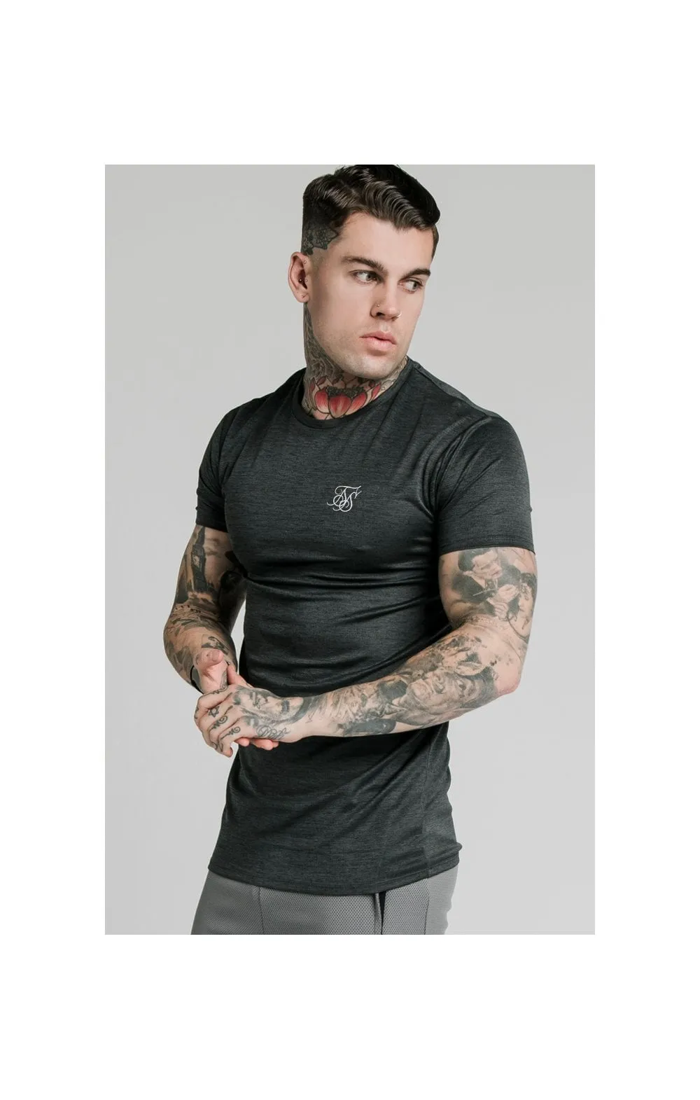 SikSilk Active Straight Hem Gym Tee - Charcoal Marl sold by Siksilk