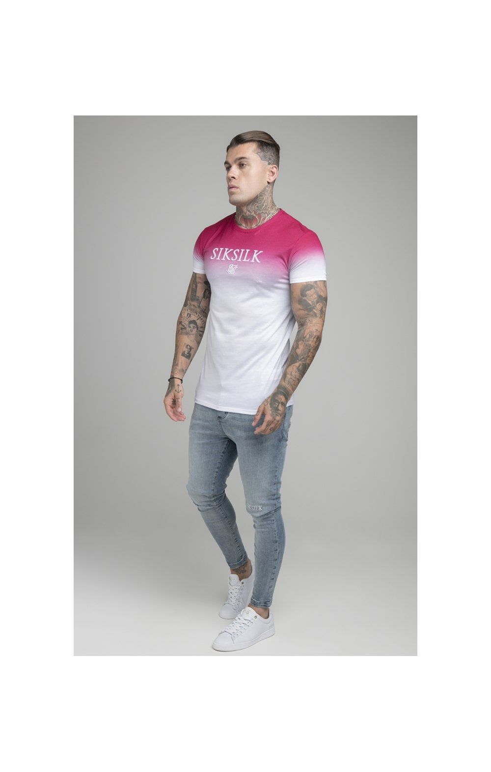 Pink Embroidered Muscle Fit T-Shirt sold by Siksilk product image thumbnail 5