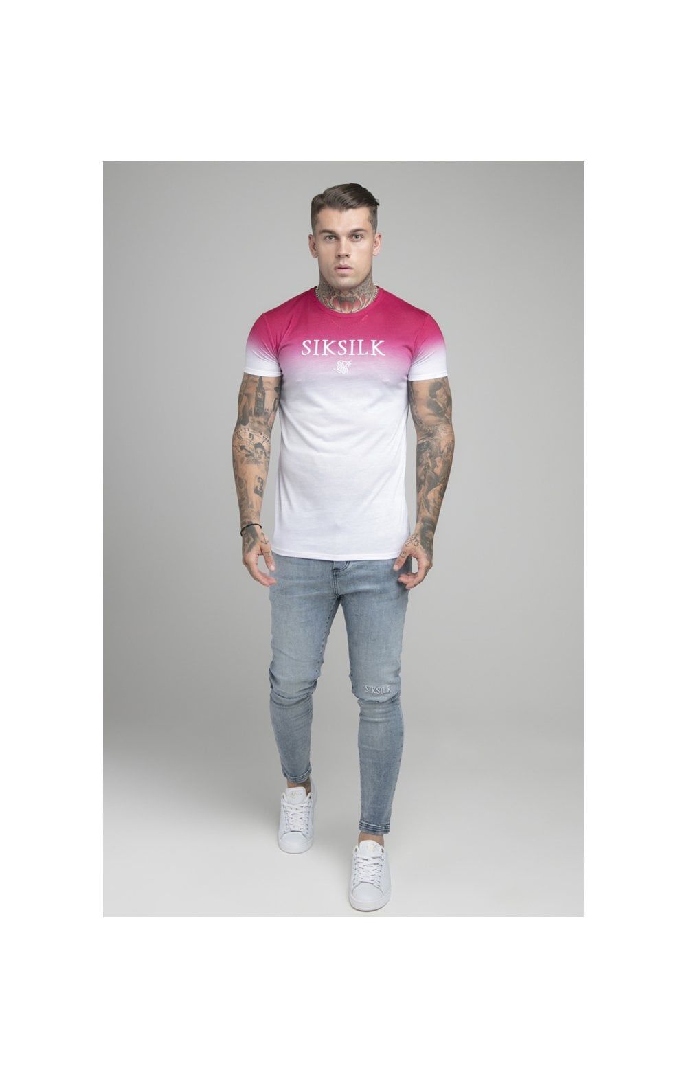 Pink Embroidered Muscle Fit T-Shirt sold by Siksilk product image thumbnail 6