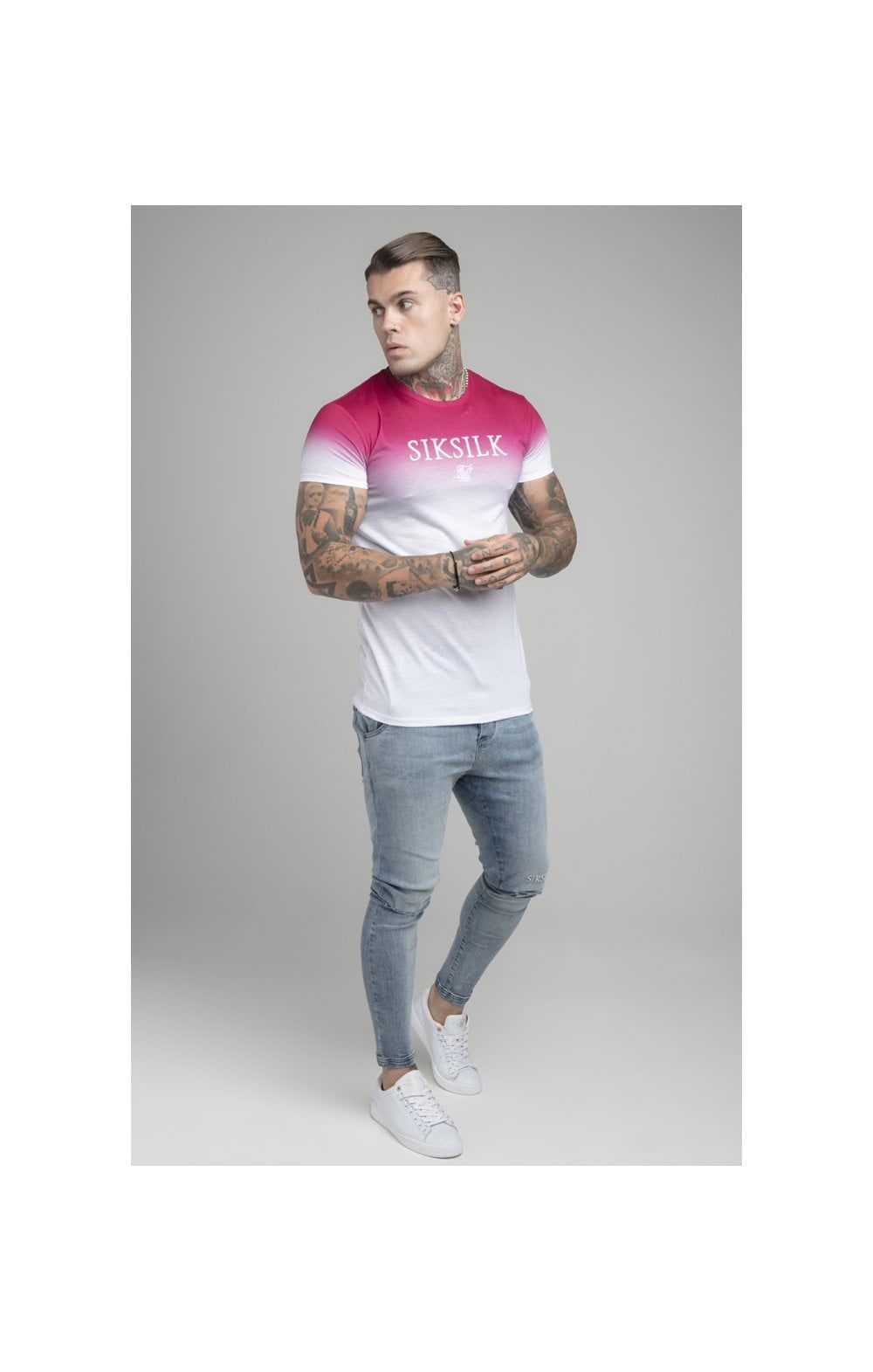 Pink Embroidered Muscle Fit T-Shirt sold by Siksilk product image thumbnail 4