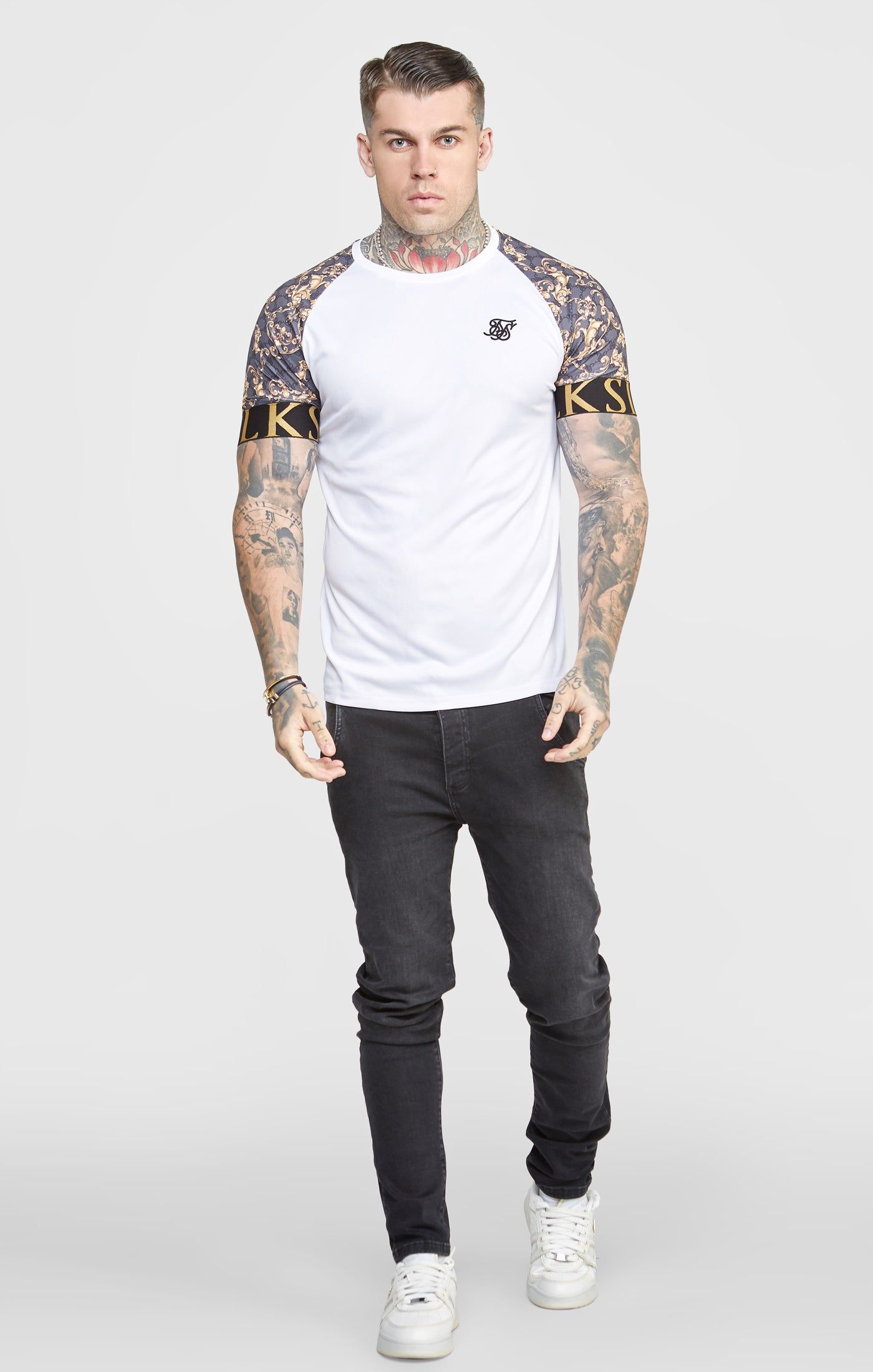 White Venetian Print Raglan Elastic Cuff T-Shirt sold by Siksilk product image thumbnail 3