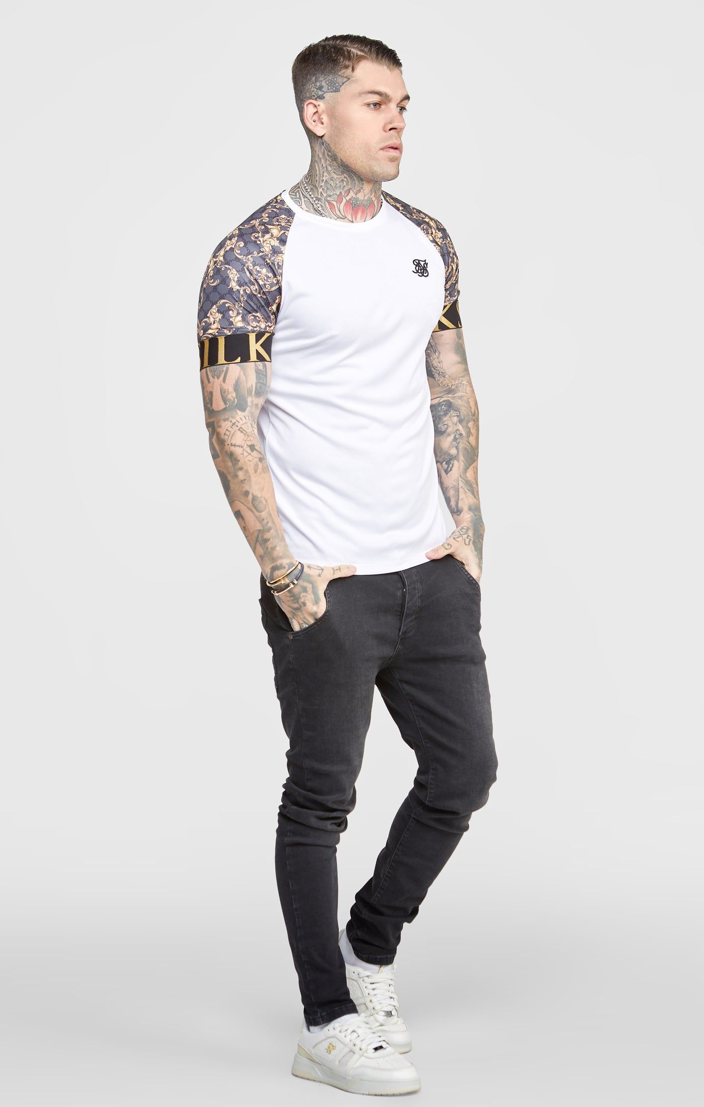 White Venetian Print Raglan Elastic Cuff T-Shirt sold by Siksilk product image thumbnail 4