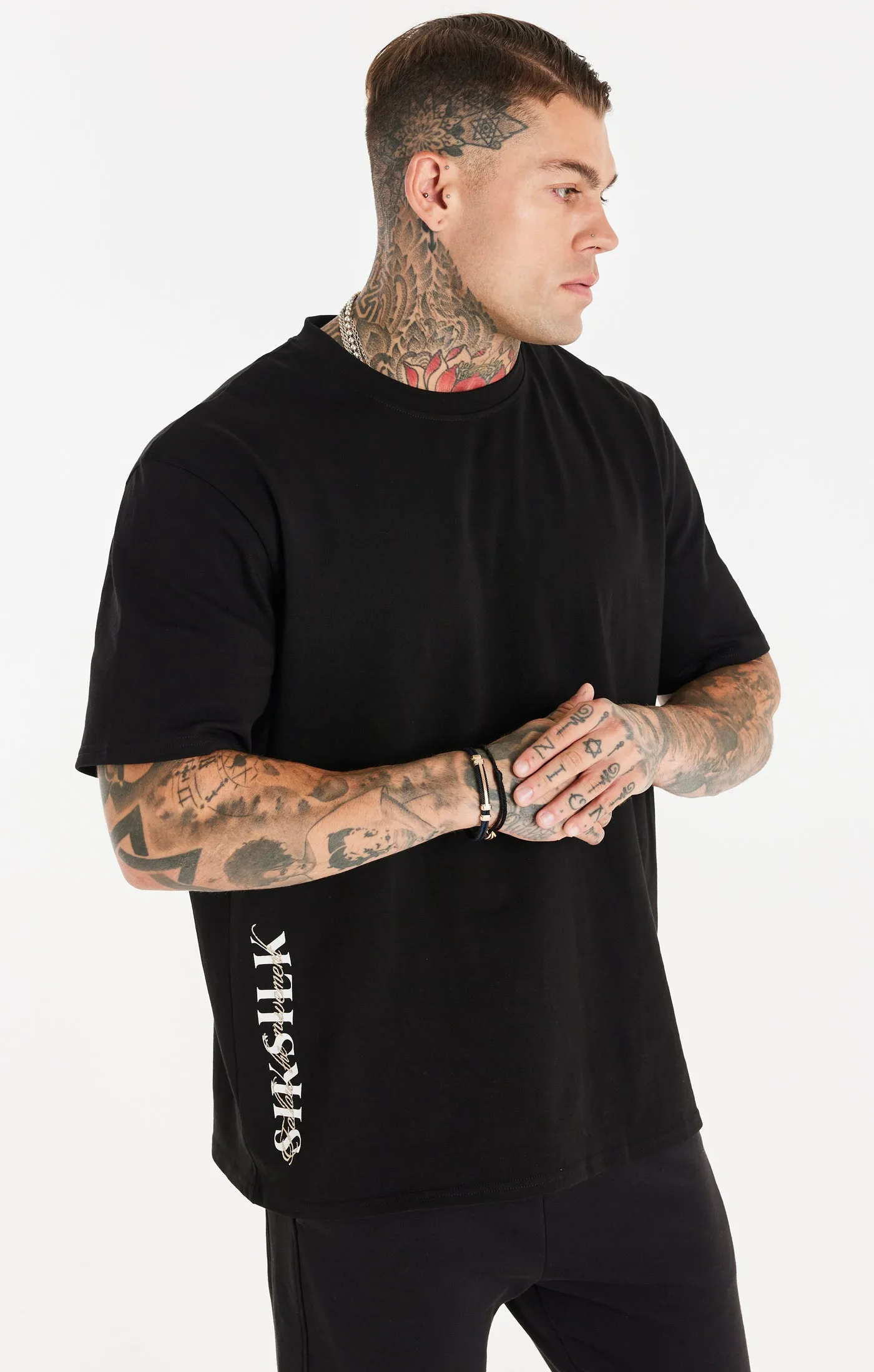 Black Dual Script Oversized Tee sold by Siksilk