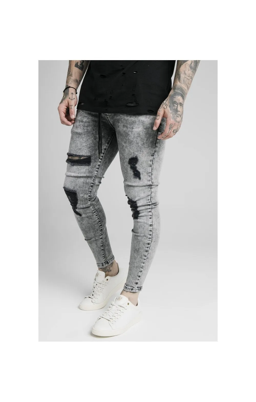 SikSilk Elasticated Tape Skinny Distressed Jeans - Snow Wash sold by Siksilk