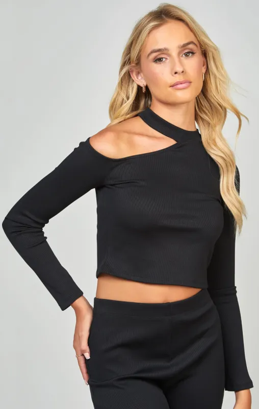 Black Ribbed Long Sleeve Top sold by Siksilk